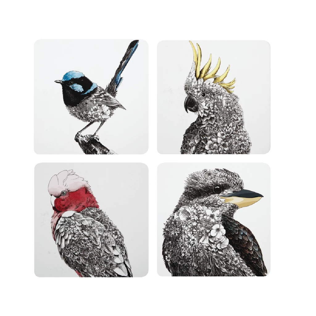 Maxwell and Williams Marini Ferlazzo Birds of Australia Cork Back Coaster 10.5cm Set of 4 Assorted Gift Boxed