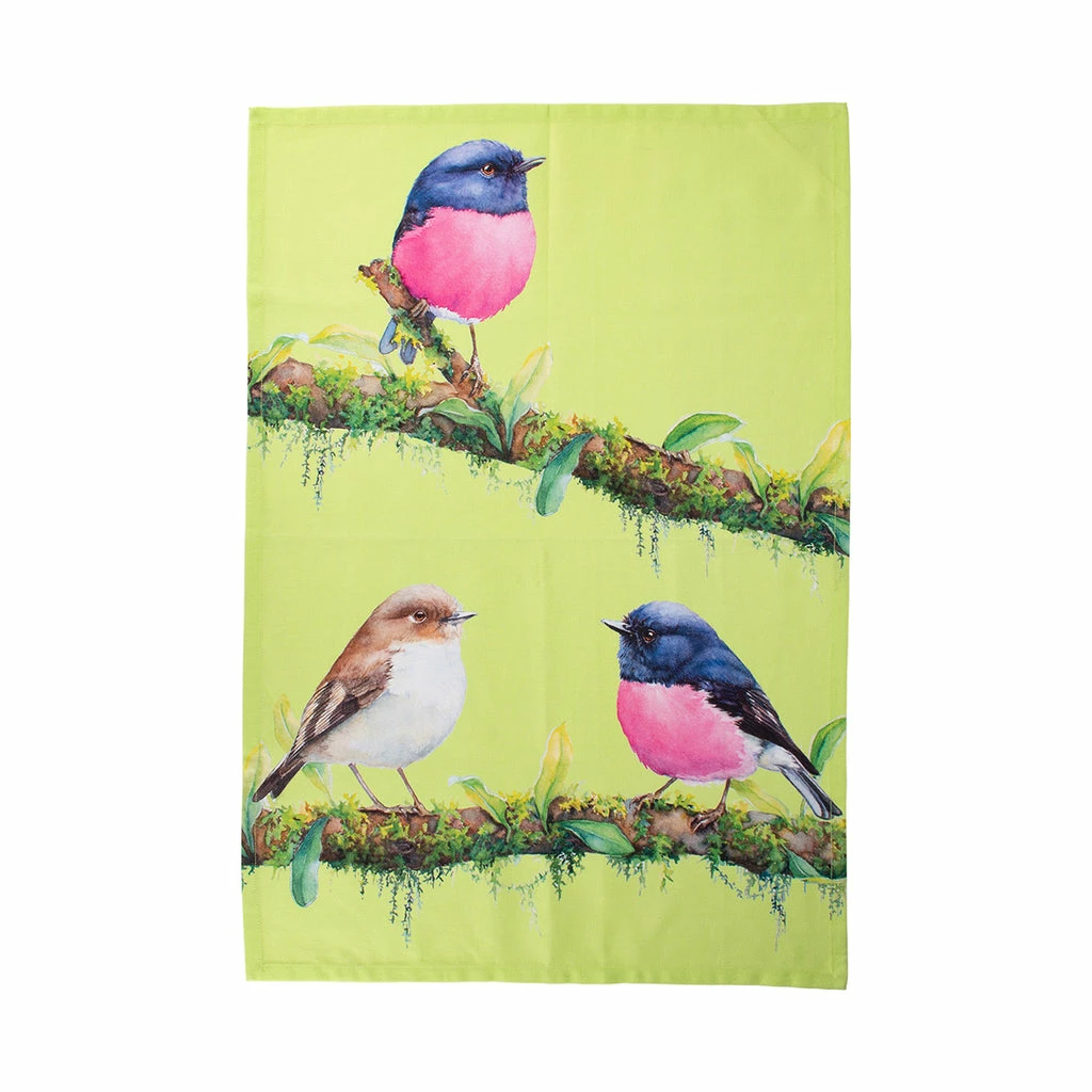 Maxwell and Williams Katherine Castle Bird Talk Tea Towel 50x70cm Pink Robins